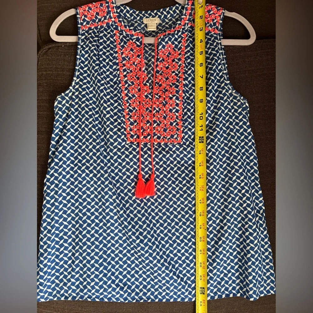 J. Crew Navy Geometric Sleeveless Top with Coral Embroidery